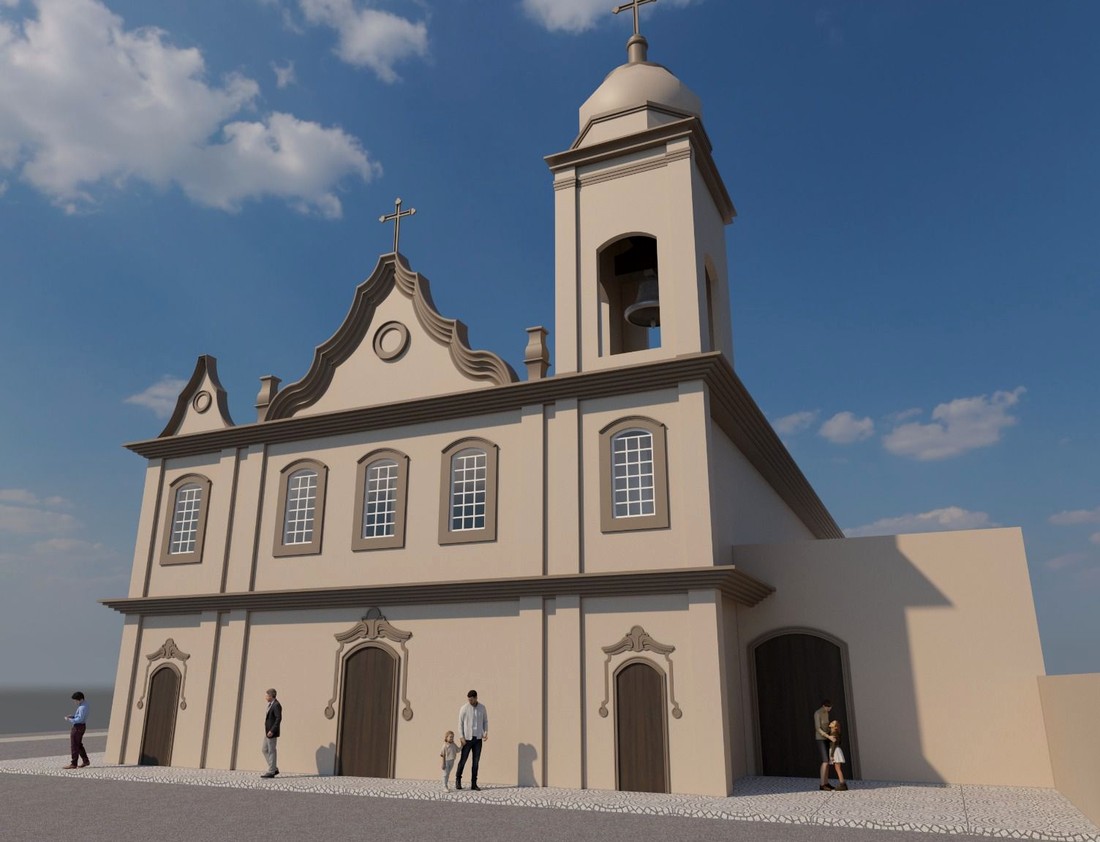 Desenho do projeto da reforma: a fachada da Paróquia Santa Cruz com a torre e o sino